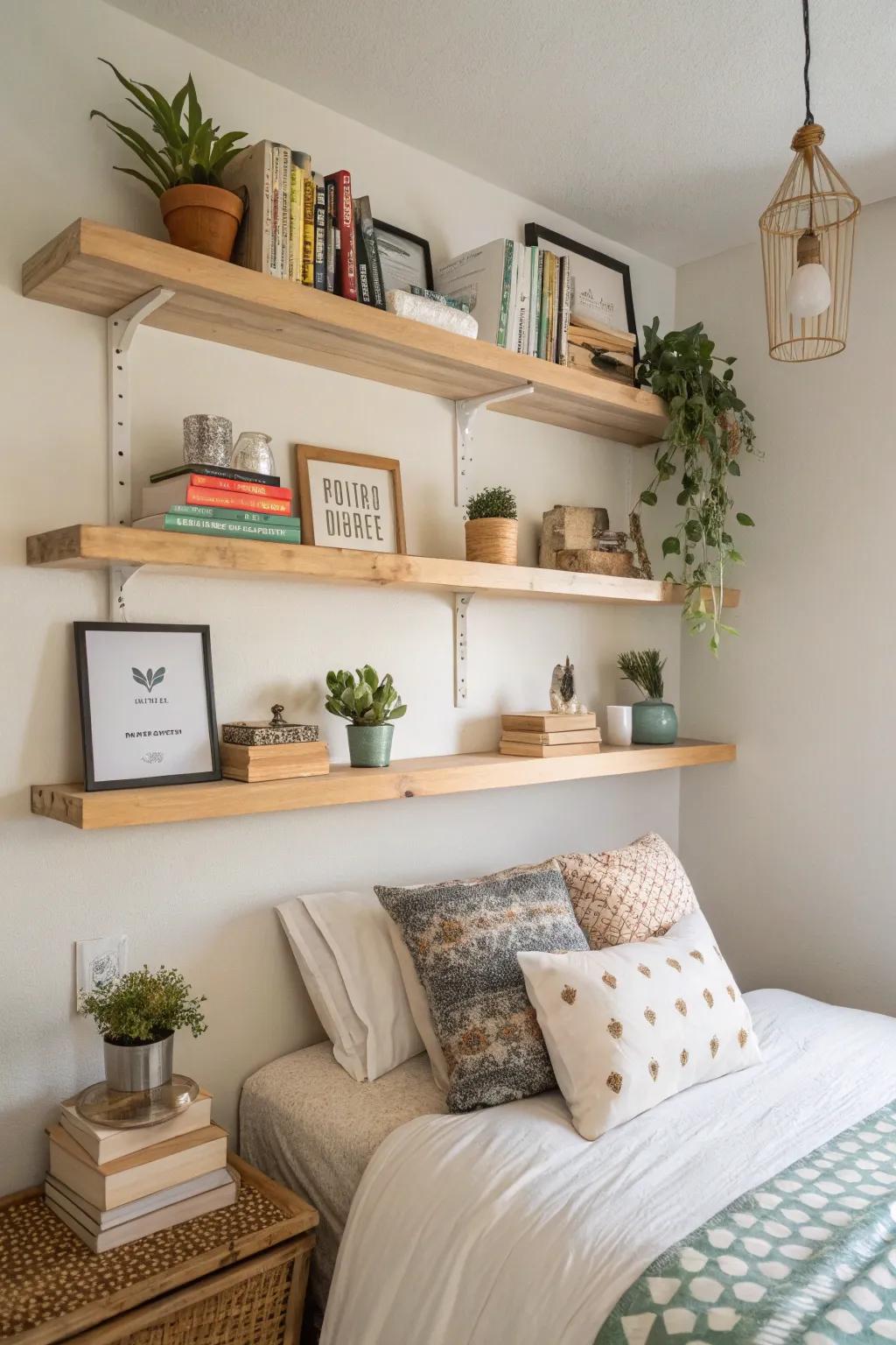 Floating shelves provide stylish storage in a small bedroom.