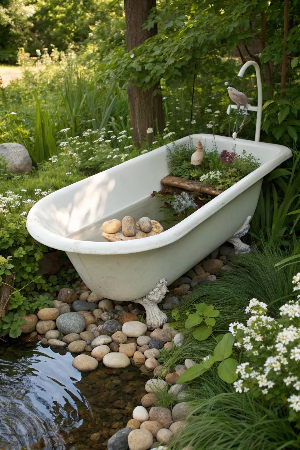 Transform your garden with a whimsical DIY bird bath from a vintage bathtub. Embrace simplicity and natural beauty!