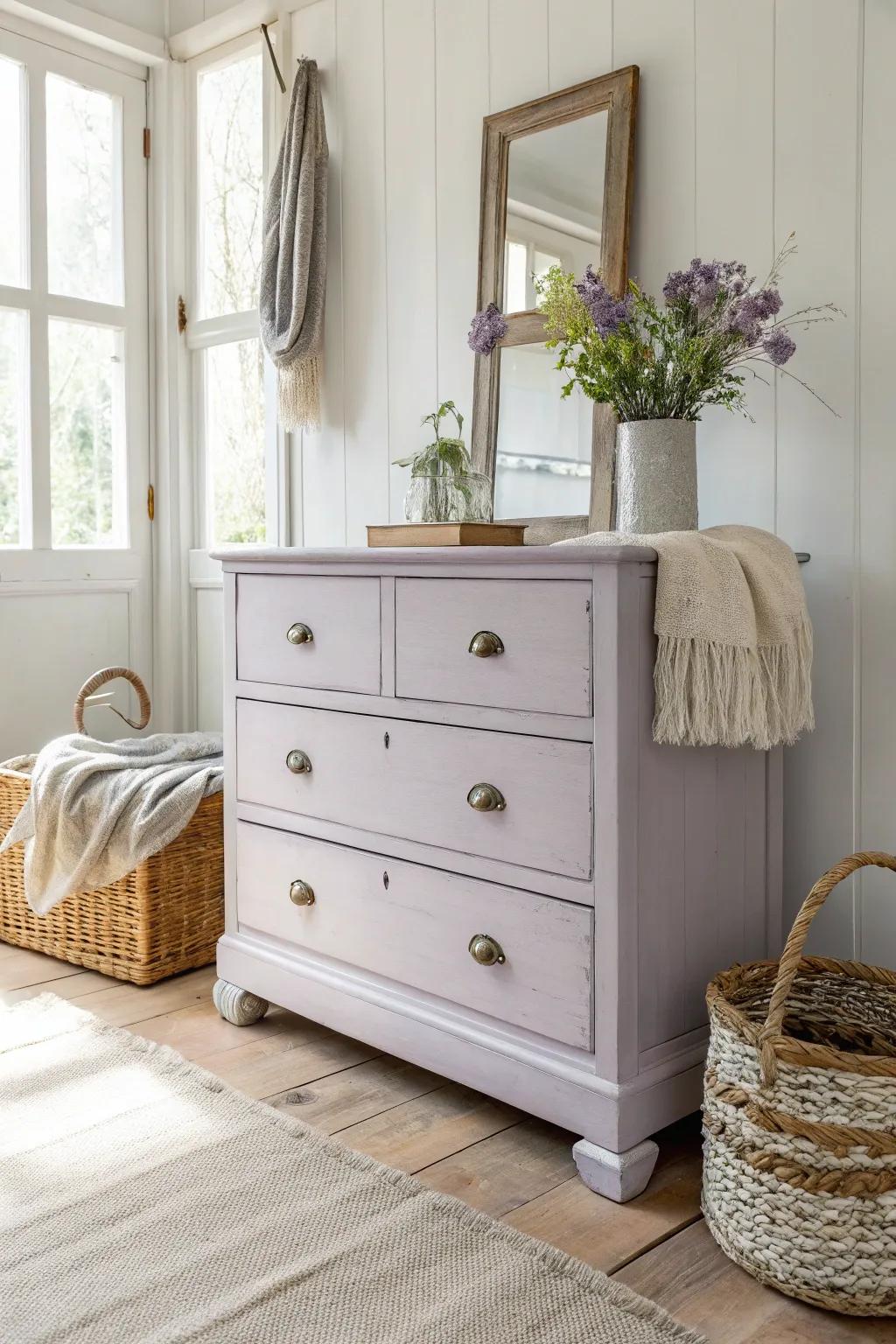 Transform your space with the calming charm of a lavender chalk-painted dresser.
