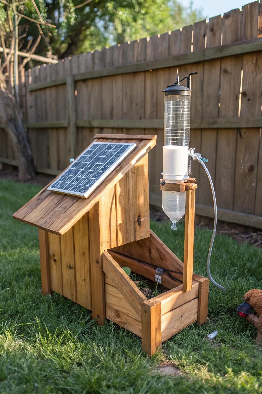 Harness the sun: A beautifully crafted solar-powered chicken waterer.