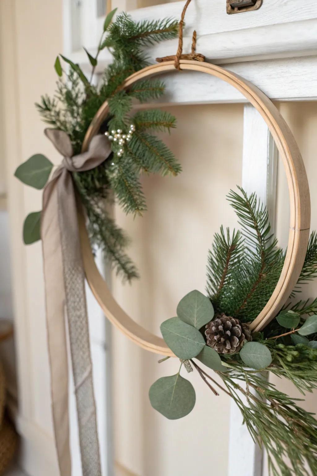 Embrace the beauty of simplicity with this DIY minimalist hoop wreath, perfect for adding a touch of natural elegance to your holiday decor.