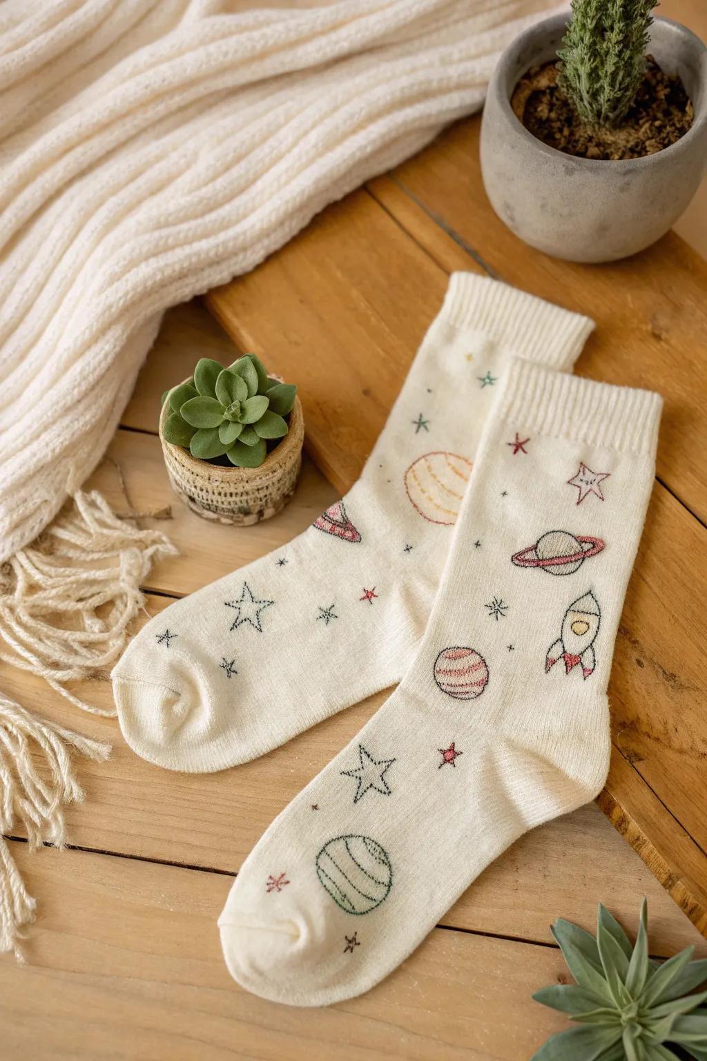 Embark on a cosmic journey with these handcrafted space-themed socks, perfect for stargazing nights!