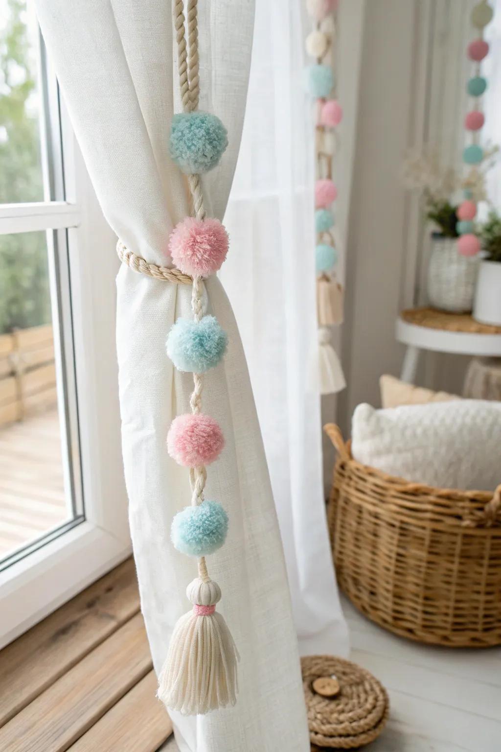 Add a whimsical touch to your space with a playful pom pom garland as a curtain tie back!