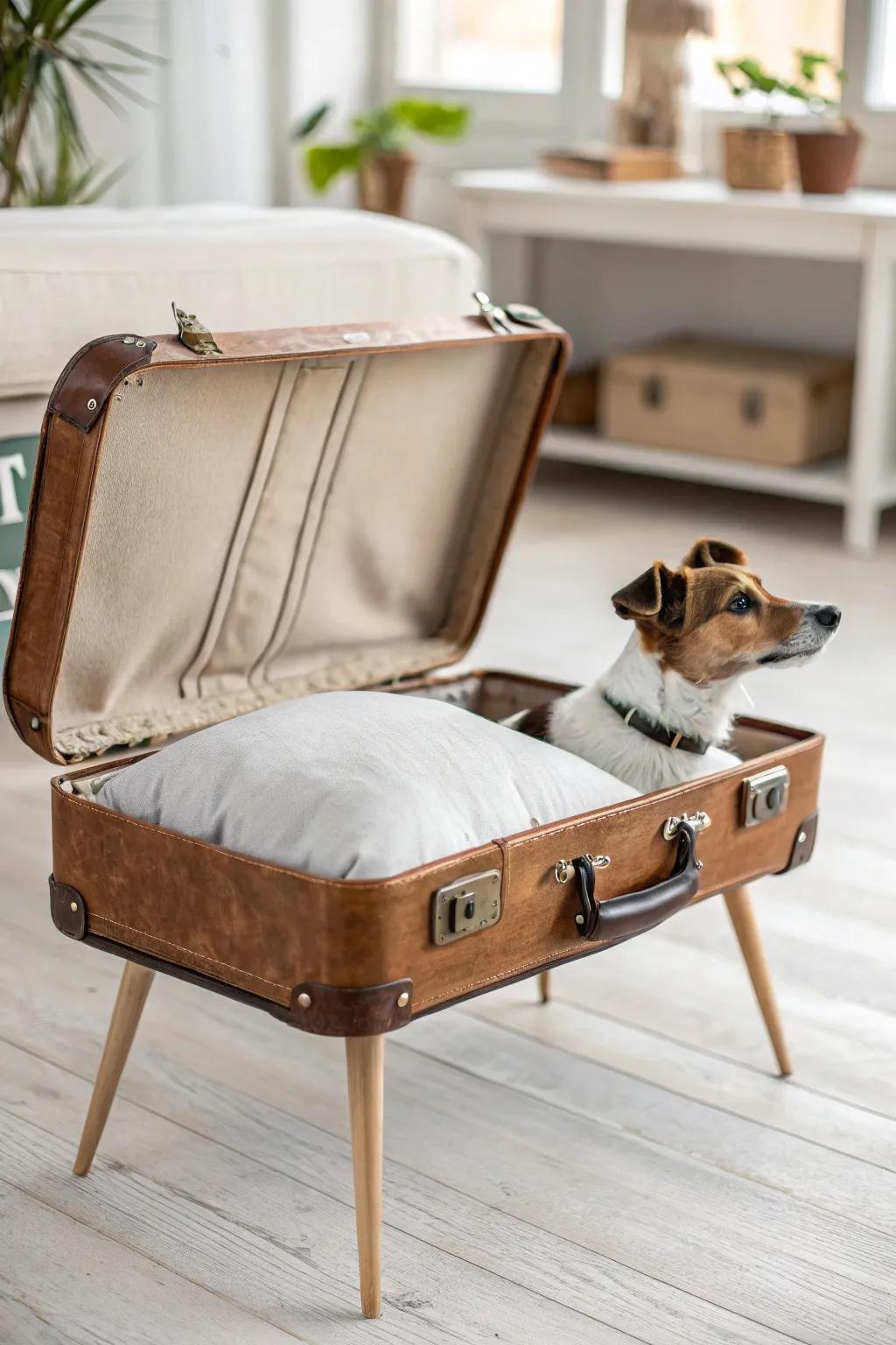 Transform a vintage suitcase into a chic dog bed with a Scandinavian twist, perfect for cozy corners.
