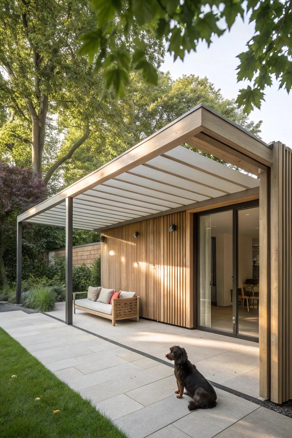 Elevate your pet's outdoor experience with a chic architectural awning—where style meets functionality.
