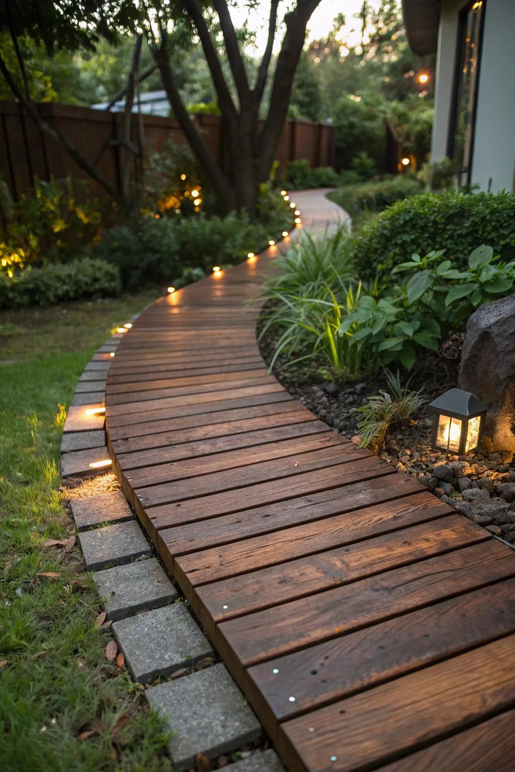 Transform your driveway with the rustic charm of a handcrafted wooden pathway.