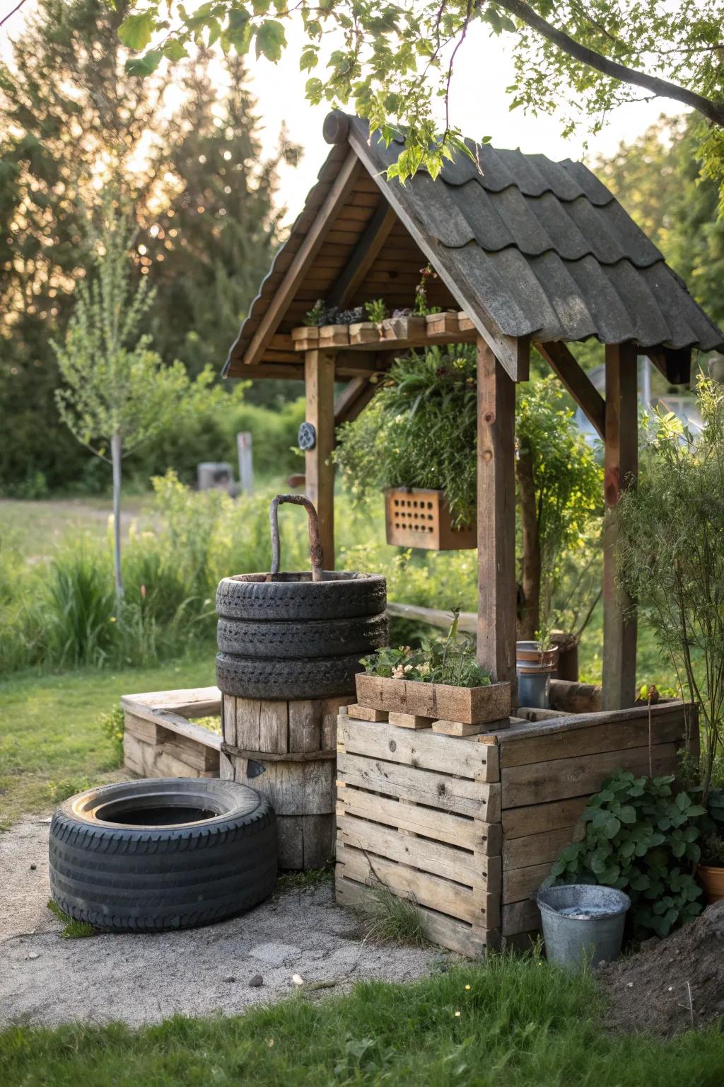 Transform your garden with a charming upcycled wishing well, where simplicity meets sustainable elegance.