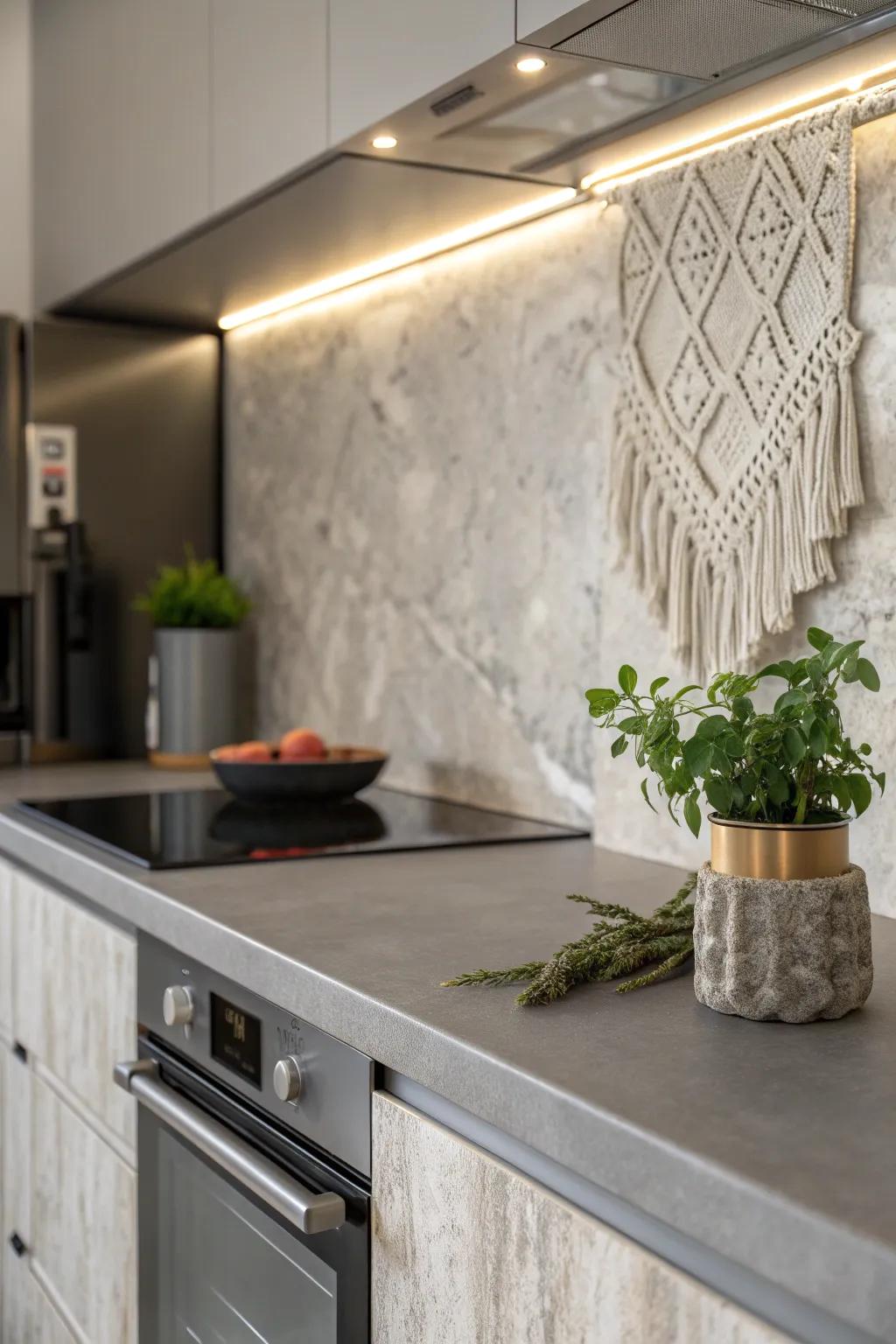 Transform your kitchen with an industrial chic faux concrete backsplash—where modern meets artistry.