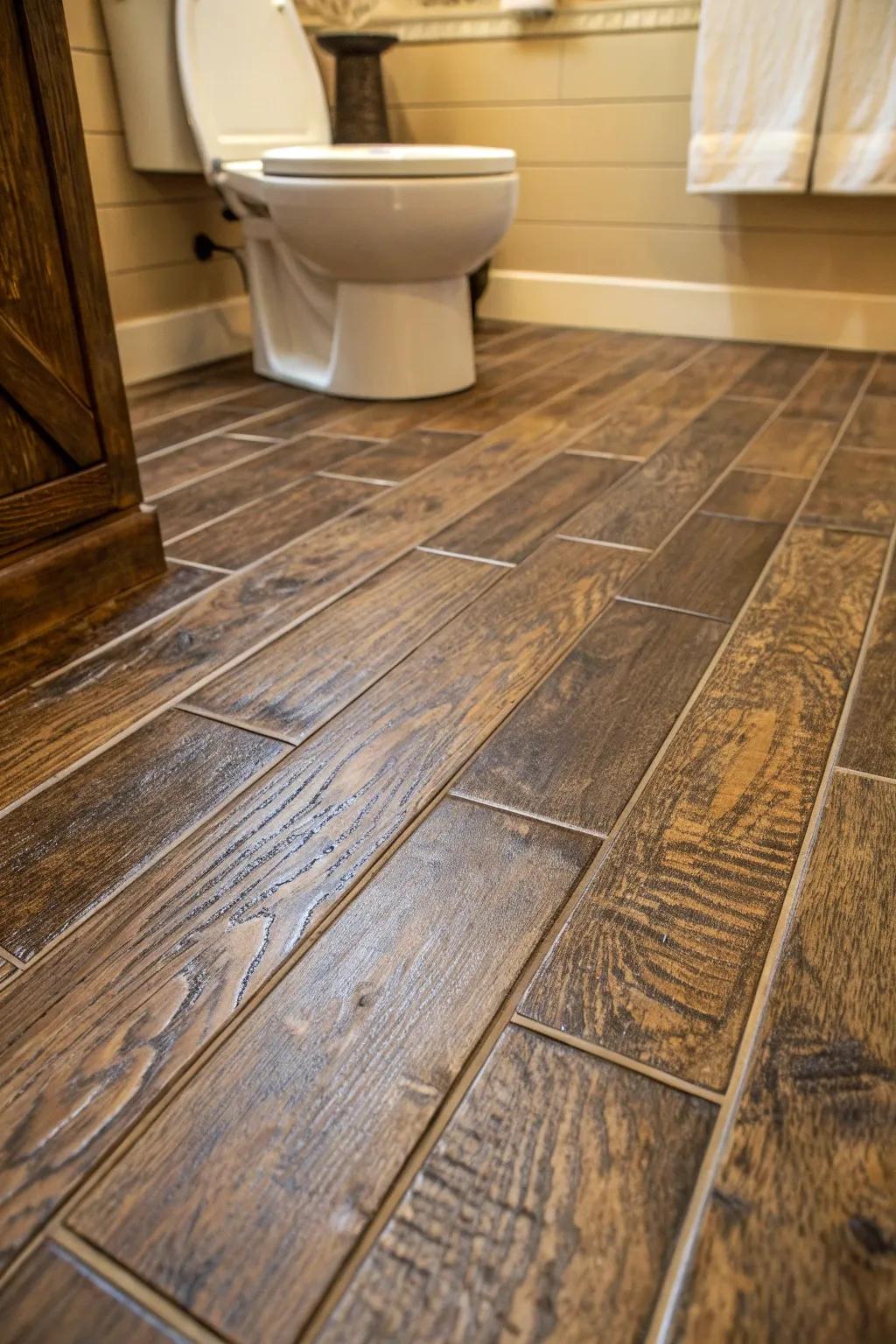 Elevate your bathroom with the timeless charm of faux wood tiles—rustic elegance meets modern durability.