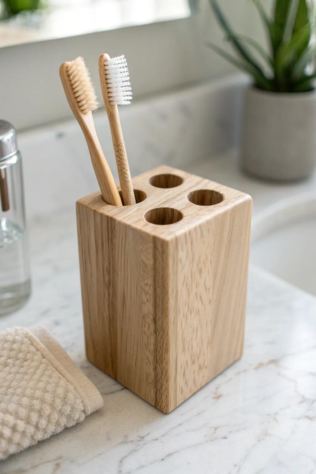Embrace simplicity with this elegant DIY wooden toothbrush holder — a perfect blend of minimalist design and natural beauty.