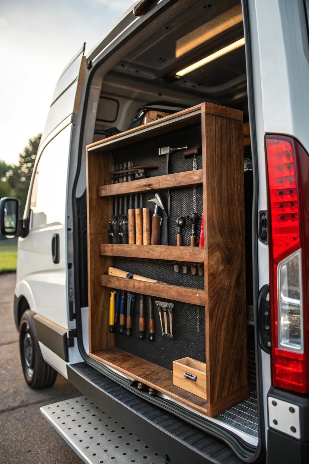 Maximize efficiency with expertly crafted rear door storage for your work van.