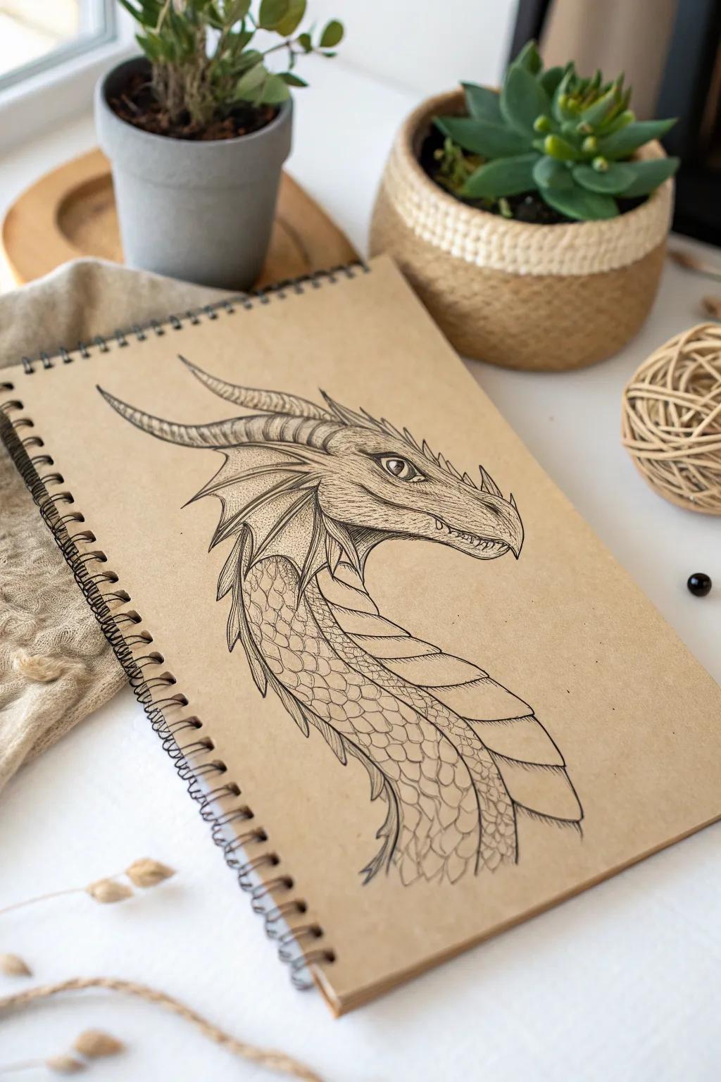 Explore the art of texture with this minimalist dragon head sketch, where every line tells a story of depth and detail.