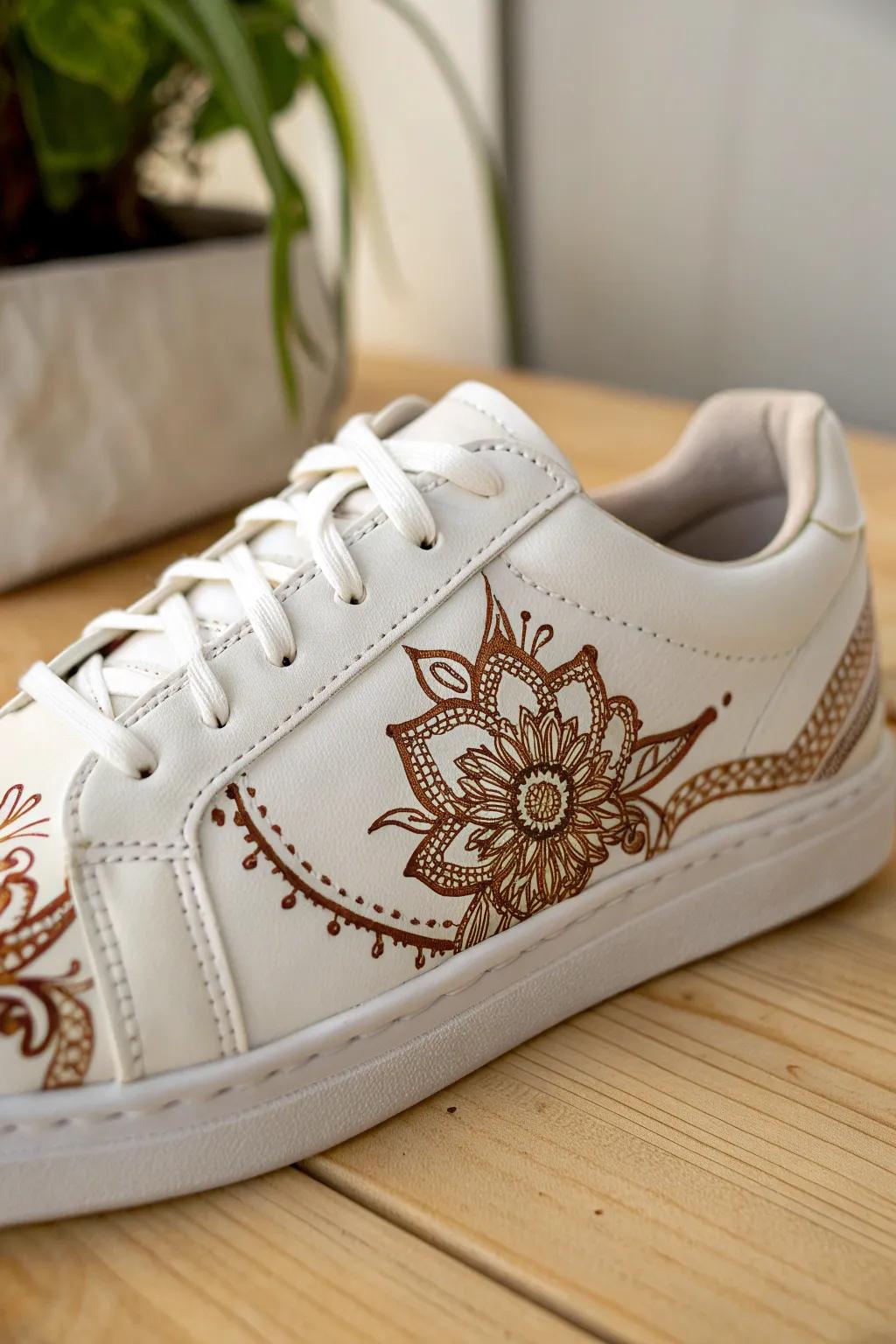 Step into elegance with henna-inspired artistry on your favorite sneakers. #HennaElegance #ArtfulSteps
