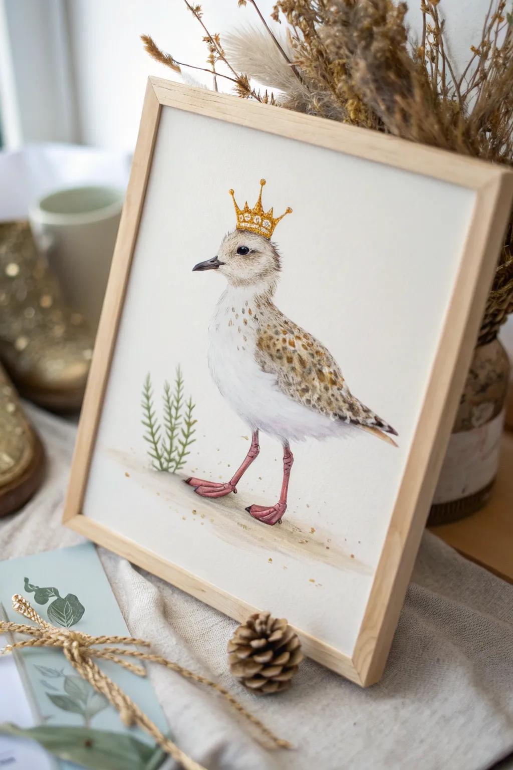 Add a whimsical touch to your bird paintings with delightful details like a tiny crown and boots, bringing a smile to your artwork.