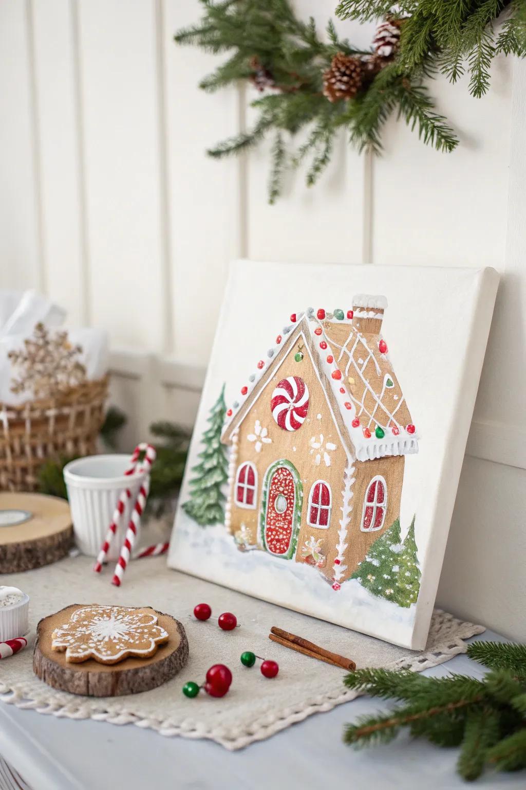 Capture the festive spirit with a minimalist gingerbread house painting, where simplicity meets holiday cheer!