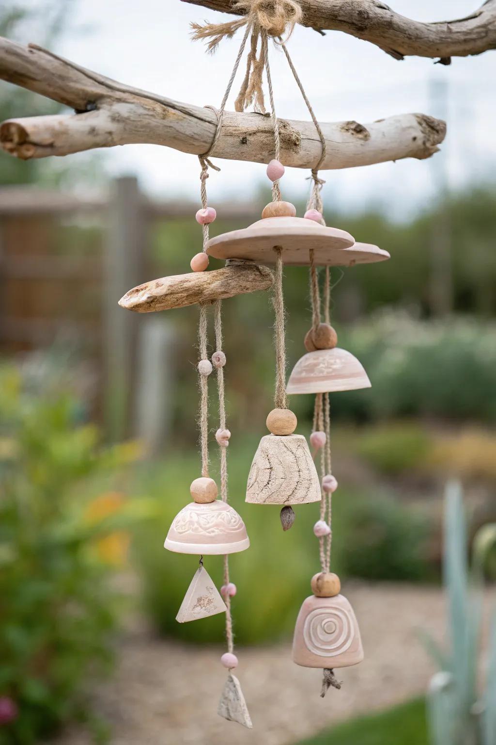 Embrace the art of simplicity with these charming pottery wind chimes, perfect for adding a touch of handcrafted elegance to your outdoor sanctuary.