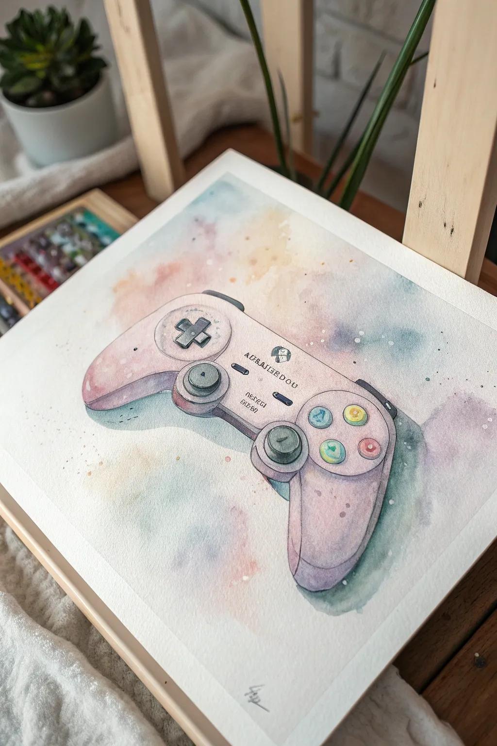 Delicate artistry meets gaming nostalgia in this whimsical watercolor masterpiece.