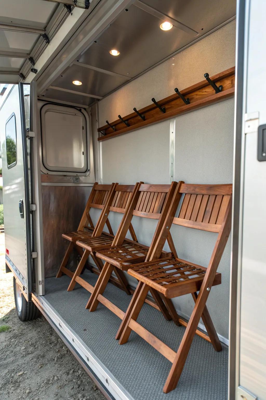 Elevate your trailer organization with a touch of craftsmanship—store your folding chairs with style and ease.