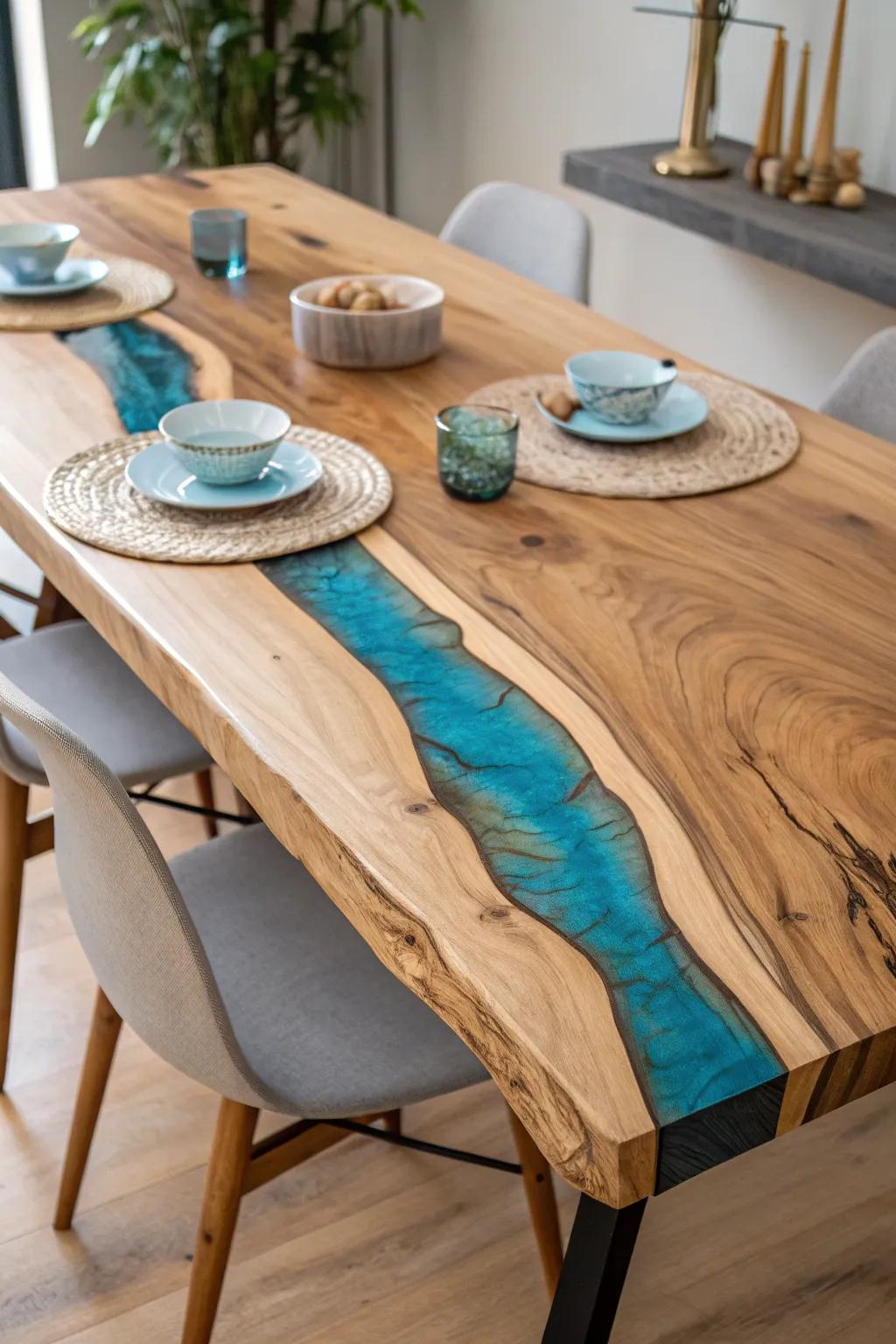 Elevate your dining space with the timeless elegance of epoxy embedded tables, blending nature's beauty with exquisite craftsmanship.