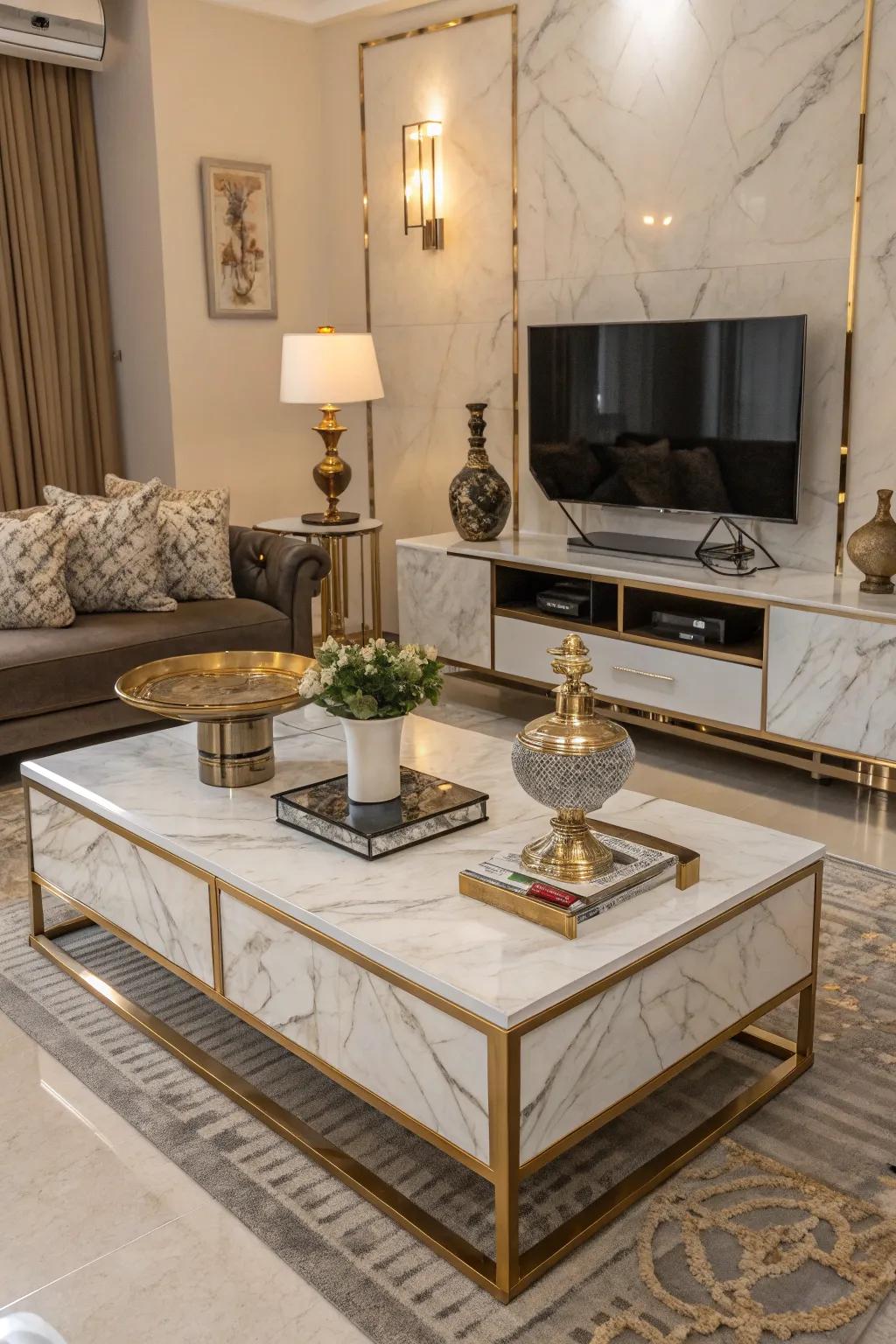 Marble details add elegance to this European-inspired living room.