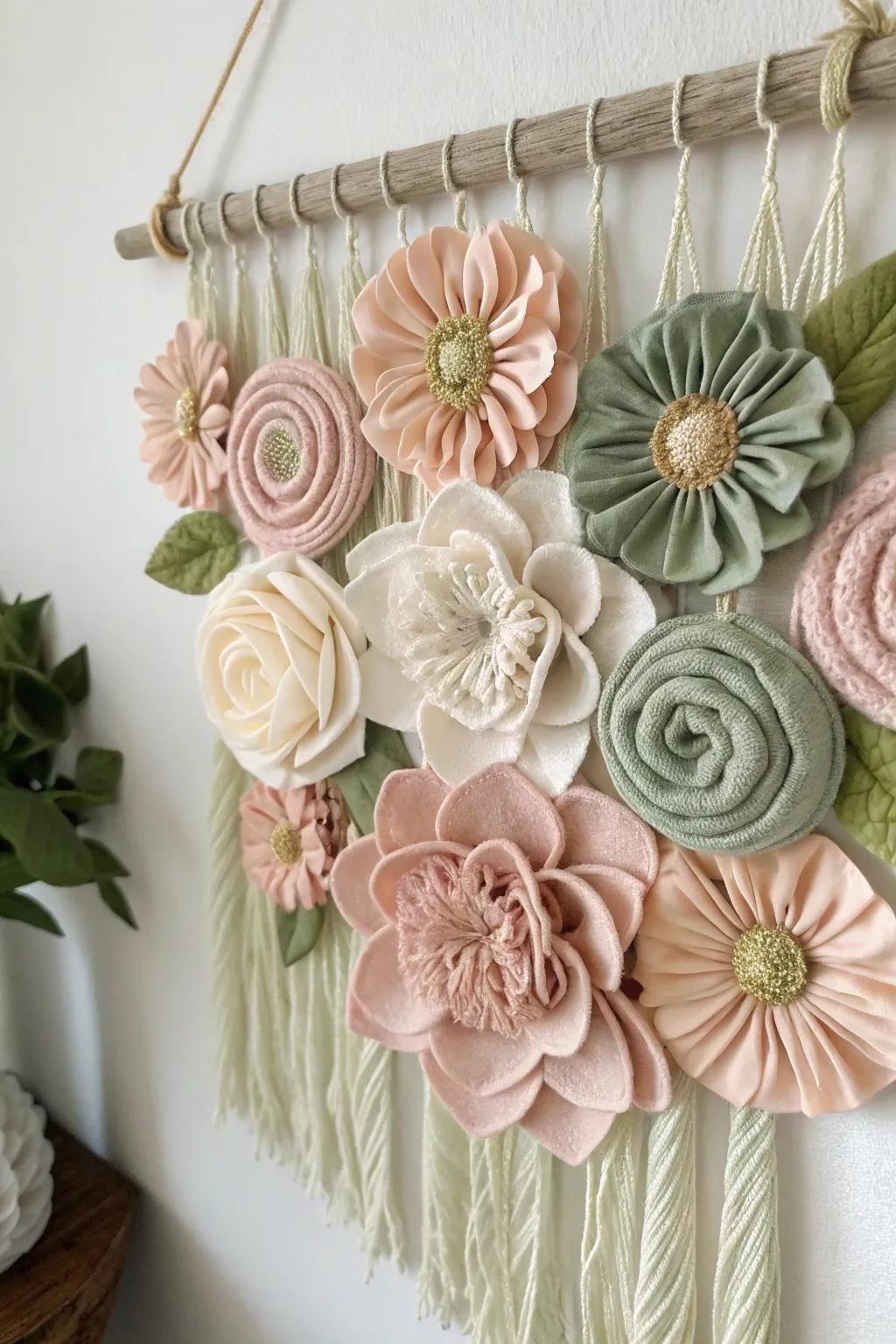 Elevate your space with the delicate charm of a fabric flower wall hanging, where simplicity meets artistry.