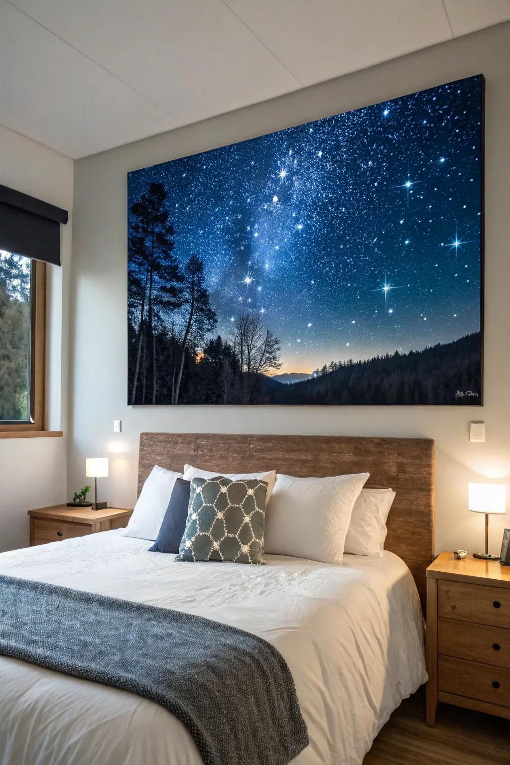 A twinkling night sky painting invites serenity and dreams.
