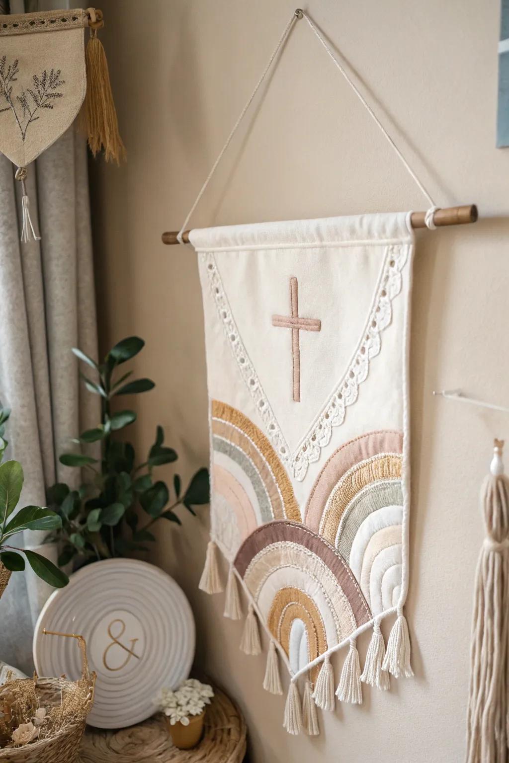 Celebrate the beauty of simplicity with a handcrafted communion banner that brings warmth and texture to any space.