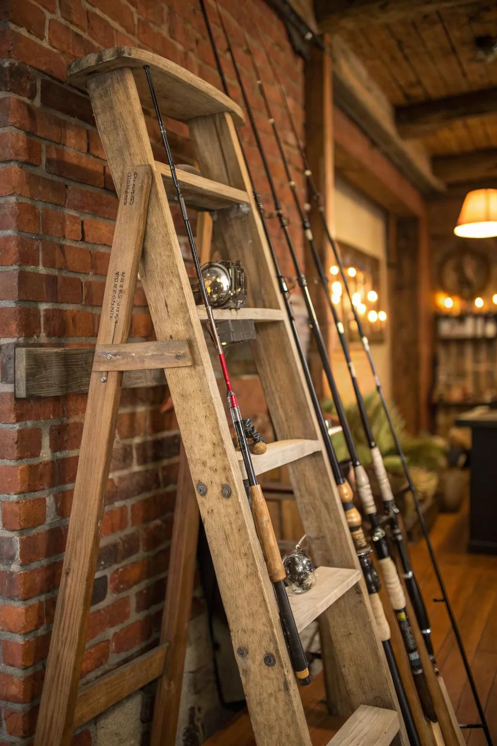 Transform a vintage ladder into a stylish fishing rod rack - a perfect blend of function and charm!