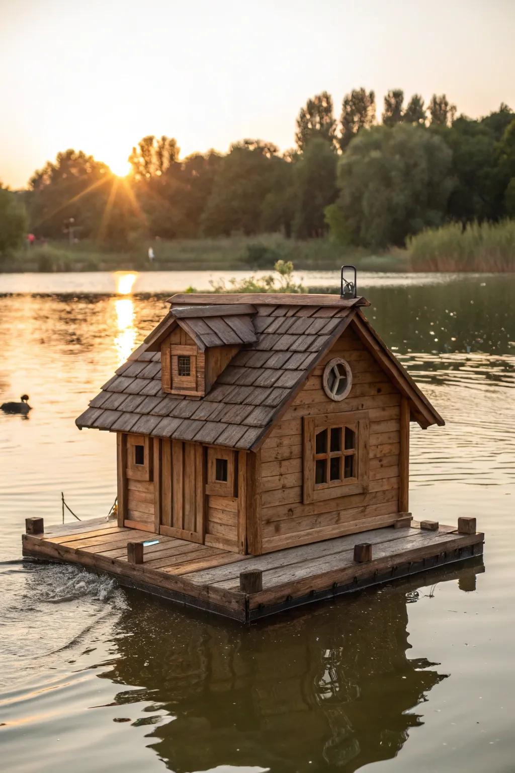 Experience the art of craftsmanship with this elegant portable duck house, perfect for adapting to seasonal changes on your pond.