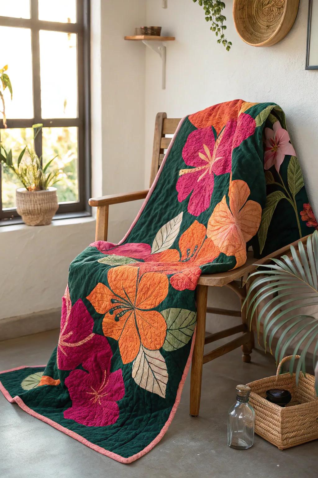 Embrace tropical tranquility with the Hibiscus Harmony quilt, where vibrant blooms meet minimalist elegance.