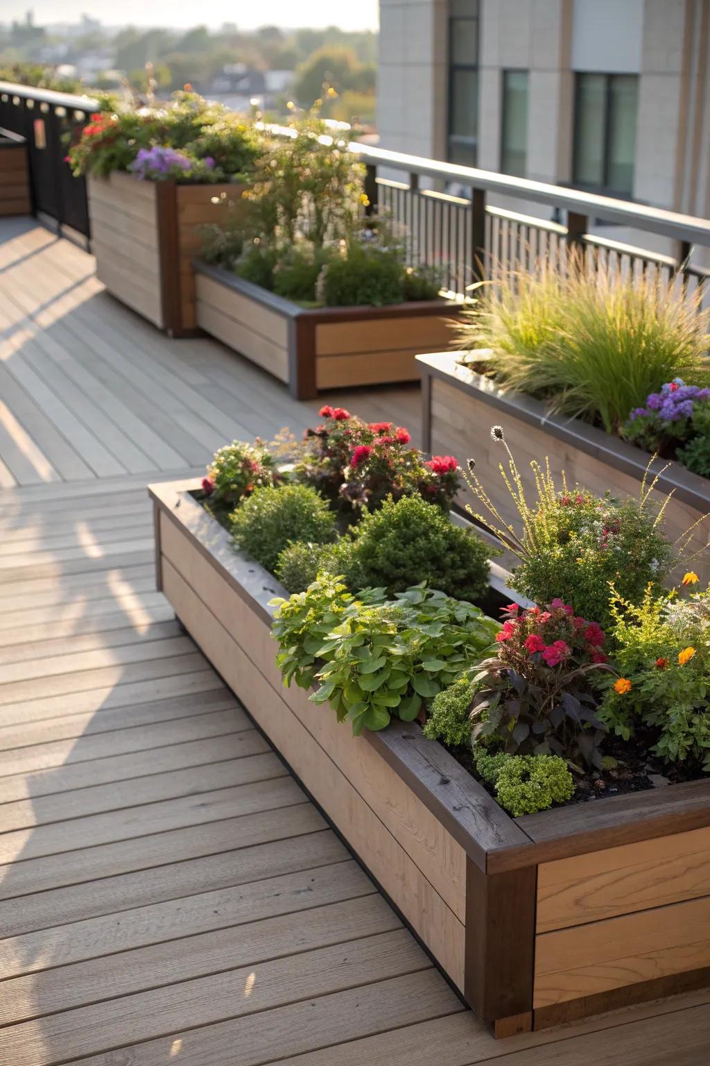 Elevate your outdoor space with expertly crafted built-in planters that bring nature's vibrancy to your deck.