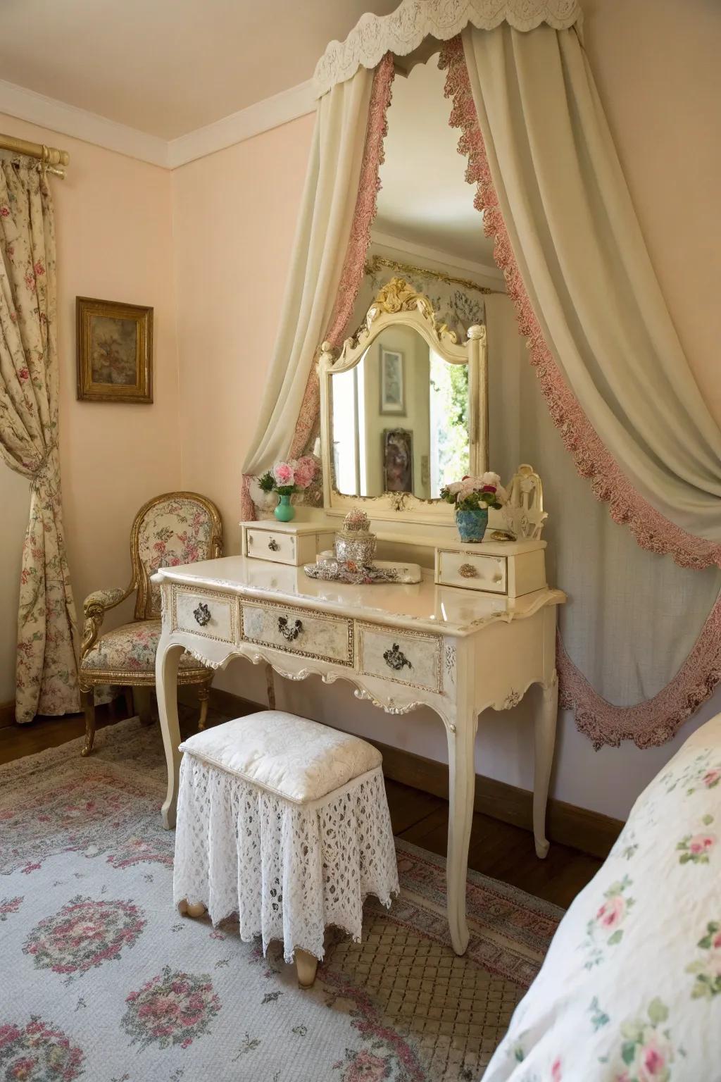 A vintage vanity table adds charm and functionality to the French bedroom.