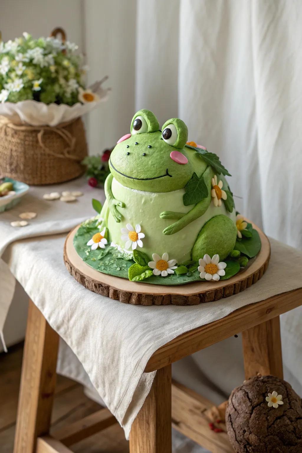 Celebrate sustainably with this charming eco-friendly frog cake, a perfect blend of artistry and nature.