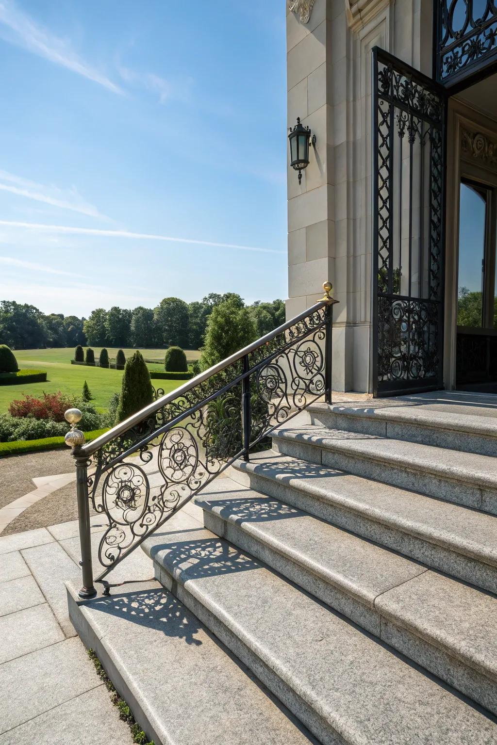 Decorative railings enhance granite steps.