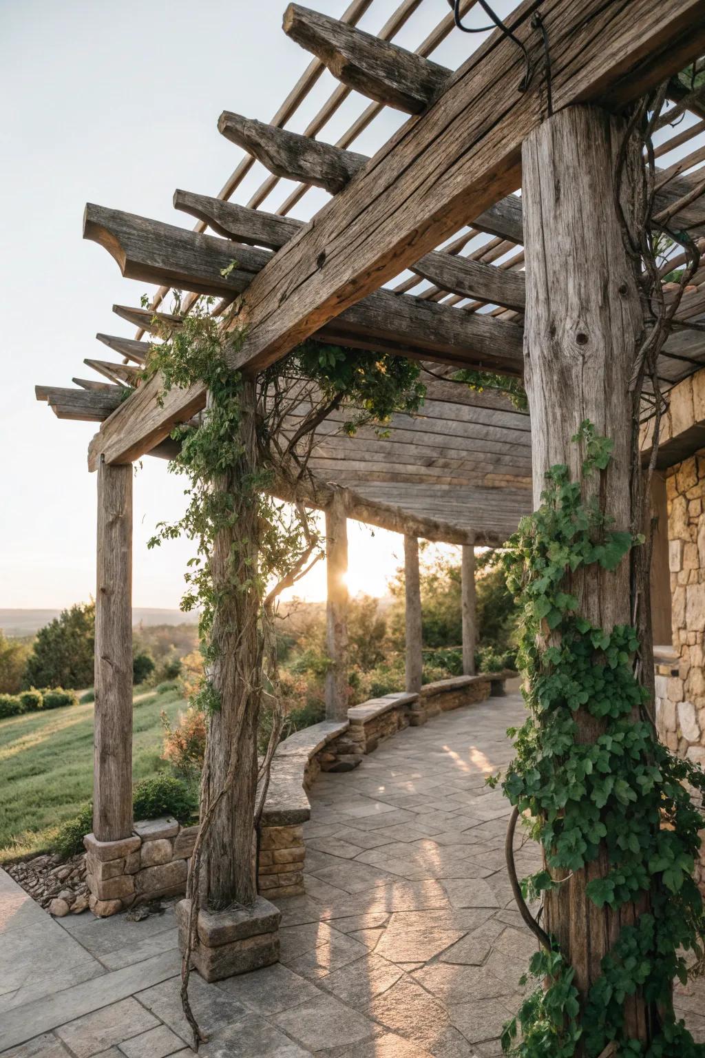 Embrace the rustic charm of natural wood in your front porch pergola.