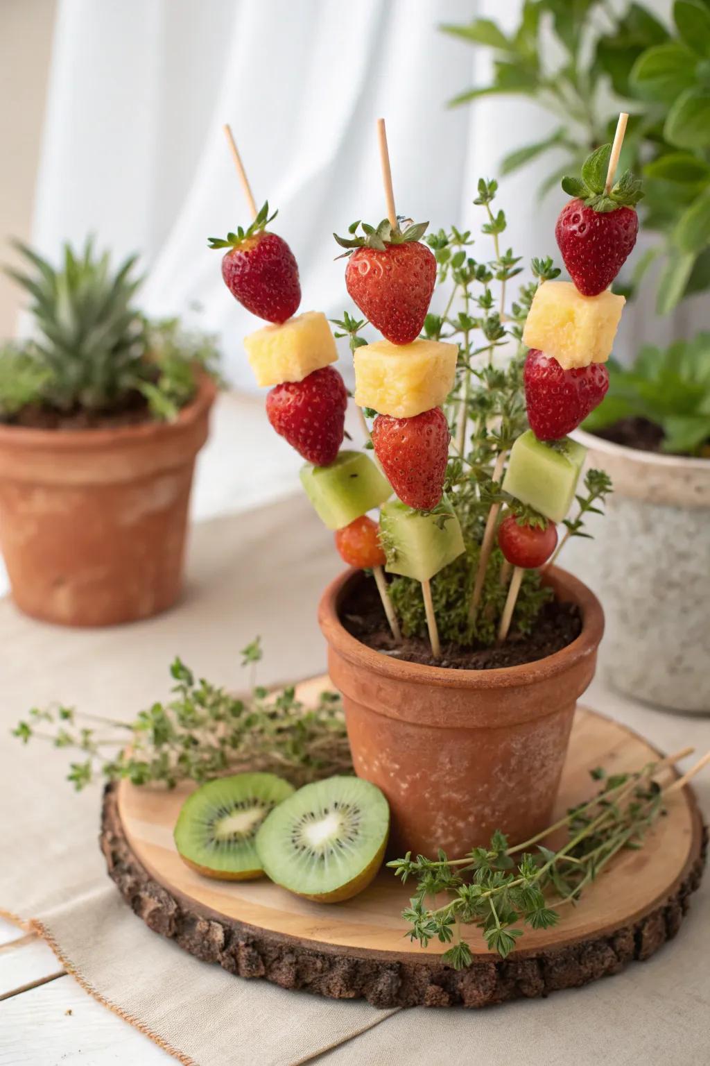 Elevate your garden gathering with these charming fruit kabobs planted in a pot of aromatic herbs. A perfect blend of simplicity and natural beauty.