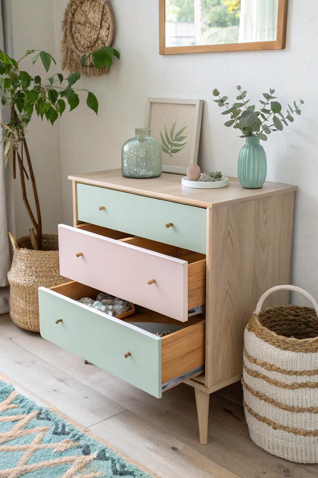 Add a playful touch to your space with painted drawer interiors. A hidden splash of color for a delightful surprise!