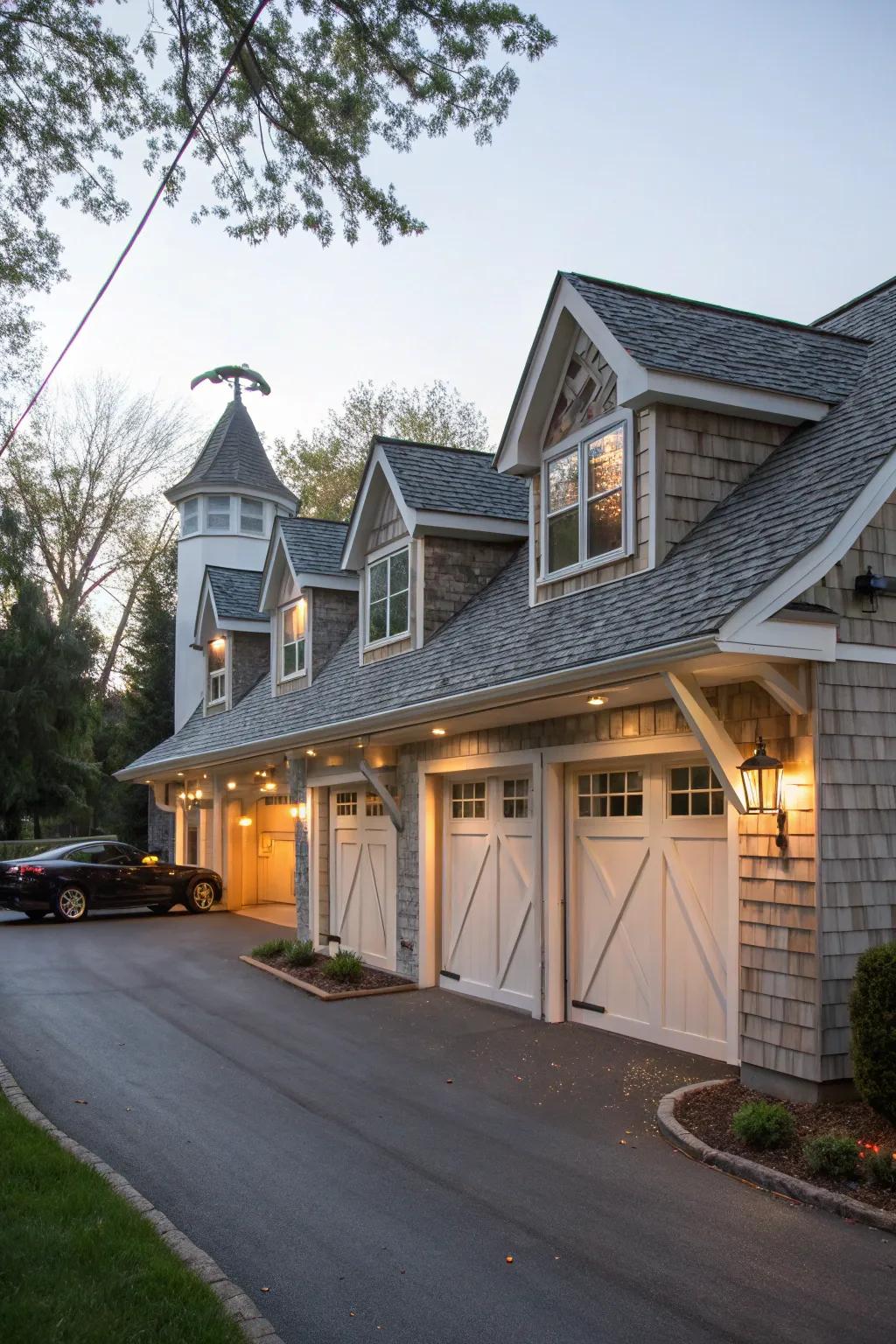 Asymmetrical dormers provide an intriguing and unique visual appeal.