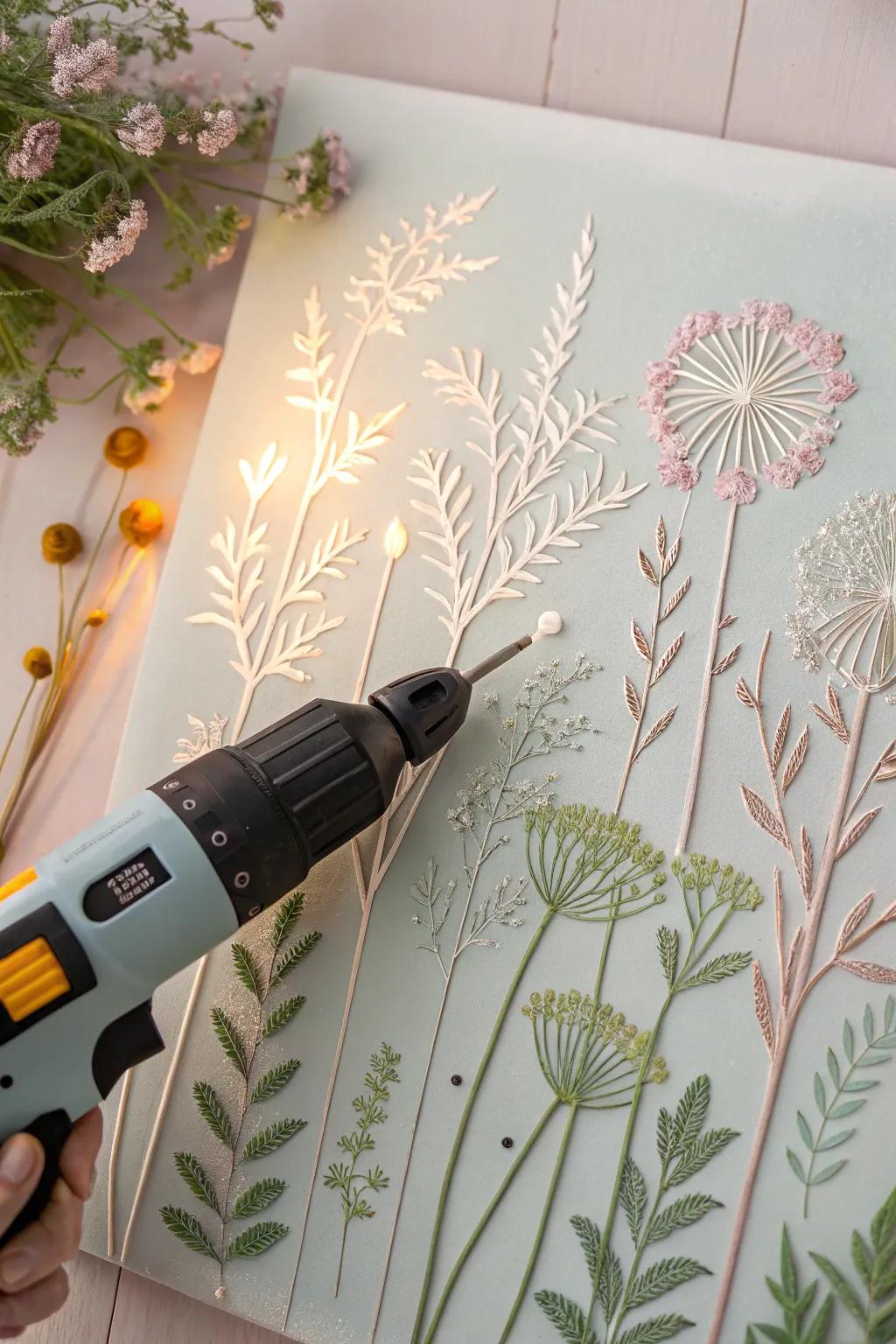 Discover the art of glue gun painting with this serene botanical garden scene, where simplicity meets natural beauty.
