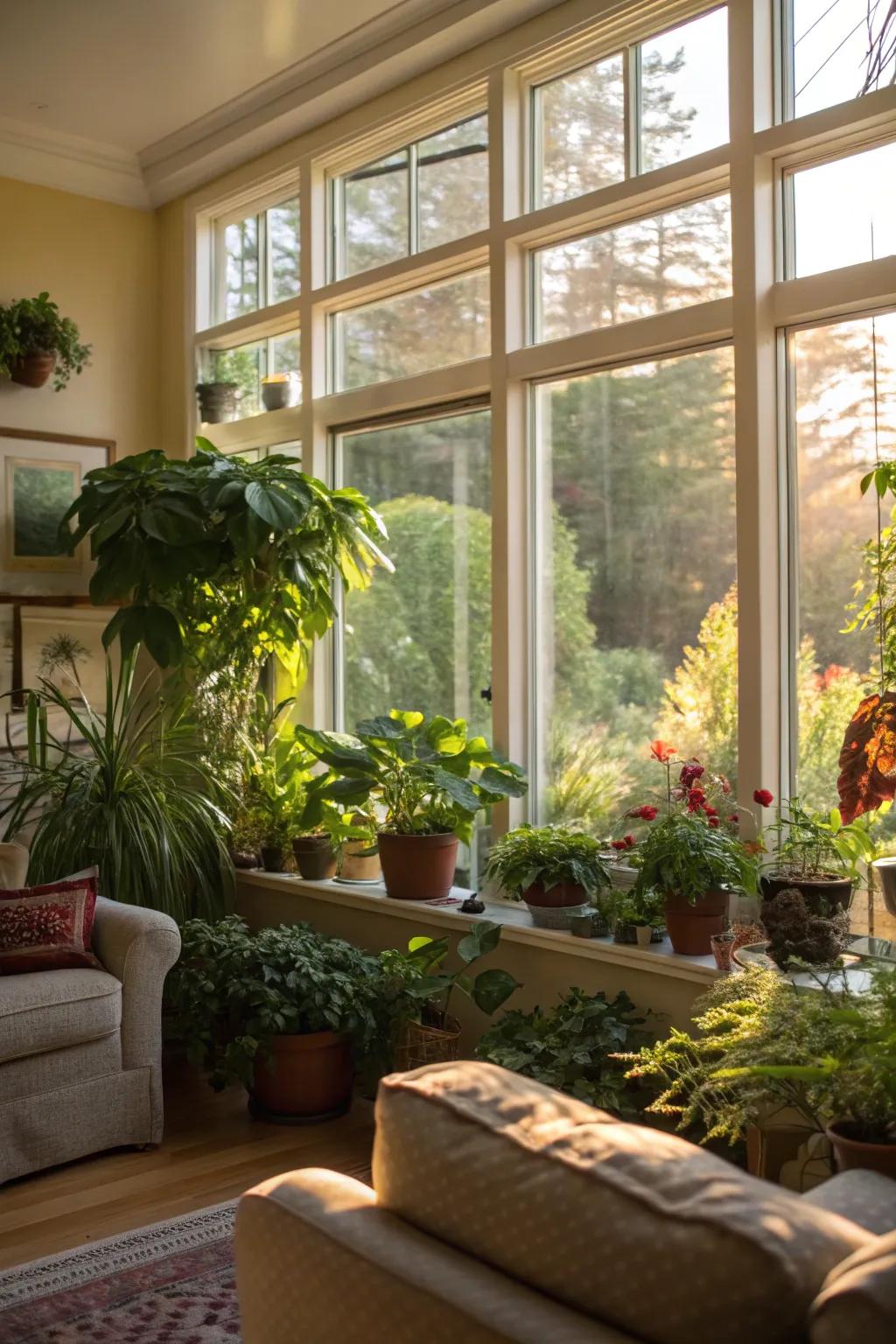 A greenhouse window offers a vibrant spot for indoor gardening in this living room.