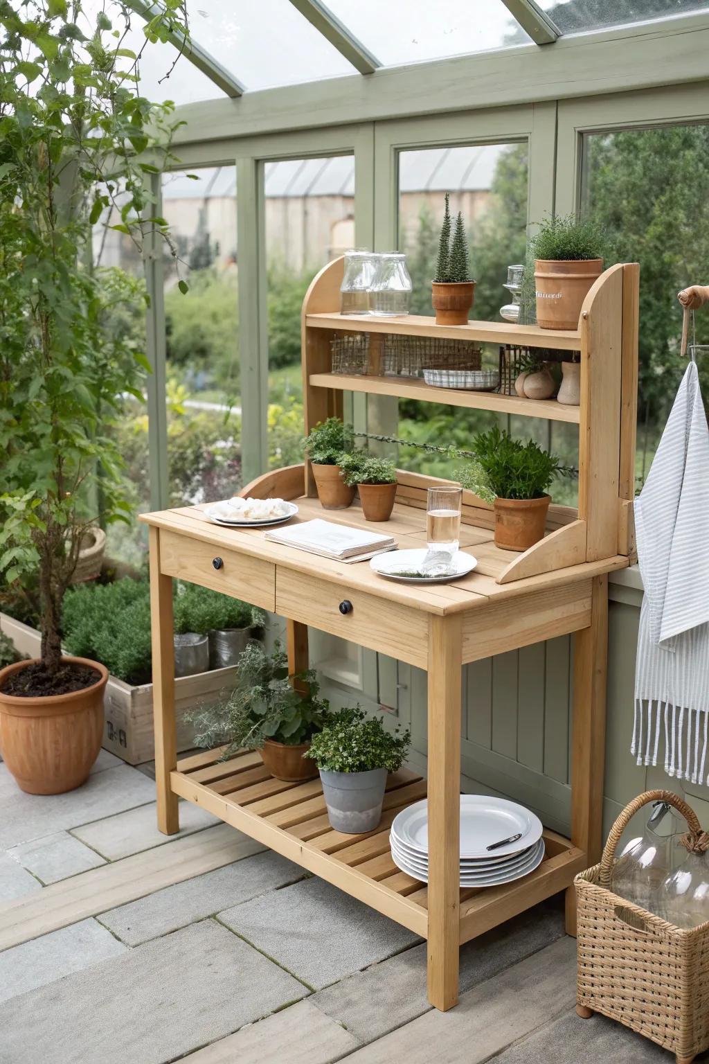 Transform your greenhouse space with this convertible potting bench that seamlessly shifts from garden work to dinner delight. #DIYStyle #ScandiBohoCharm