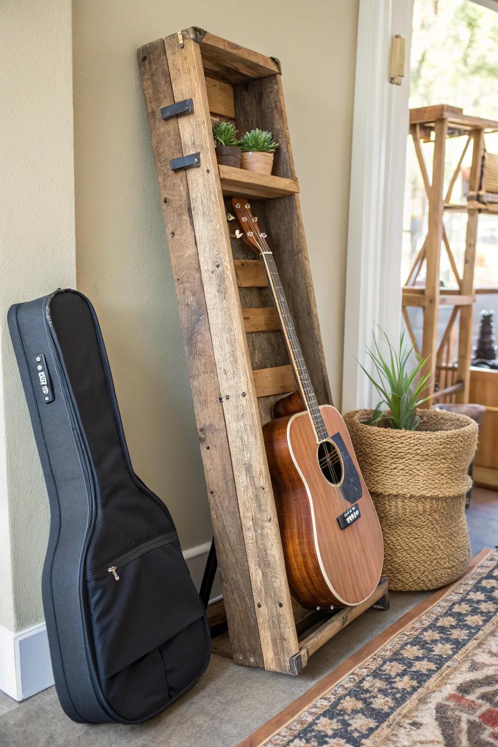 Embrace rustic elegance with a guitar case rack crafted from reclaimed barn wood—where history meets harmony in your home.