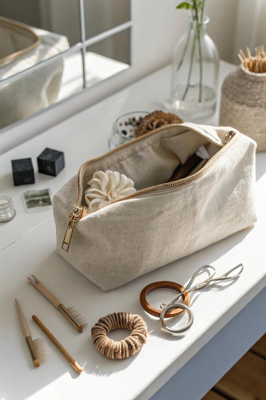 Effortless style on the go: Transform a chic makeup bag into your travel-friendly hair accessory organizer.