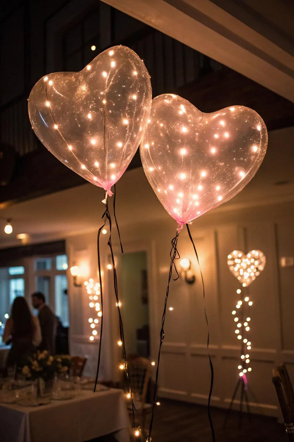 Heart balloons aglow with LED lights for evening magic.