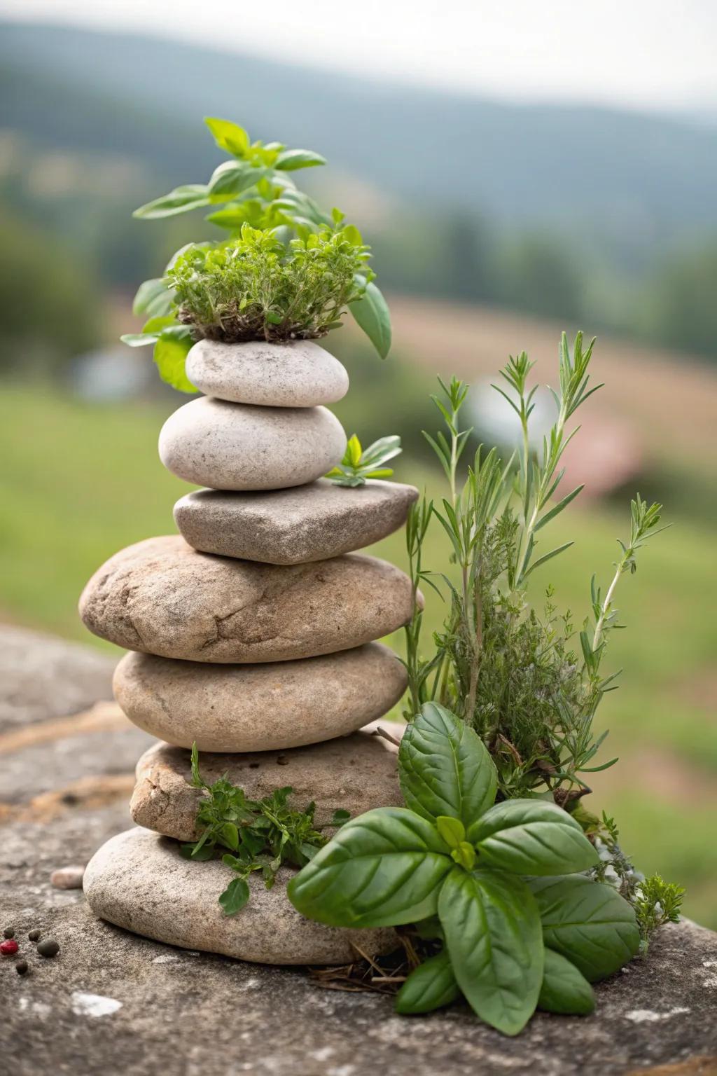 Discover timeless elegance with a stacked stone herb garden that seamlessly blends with nature.