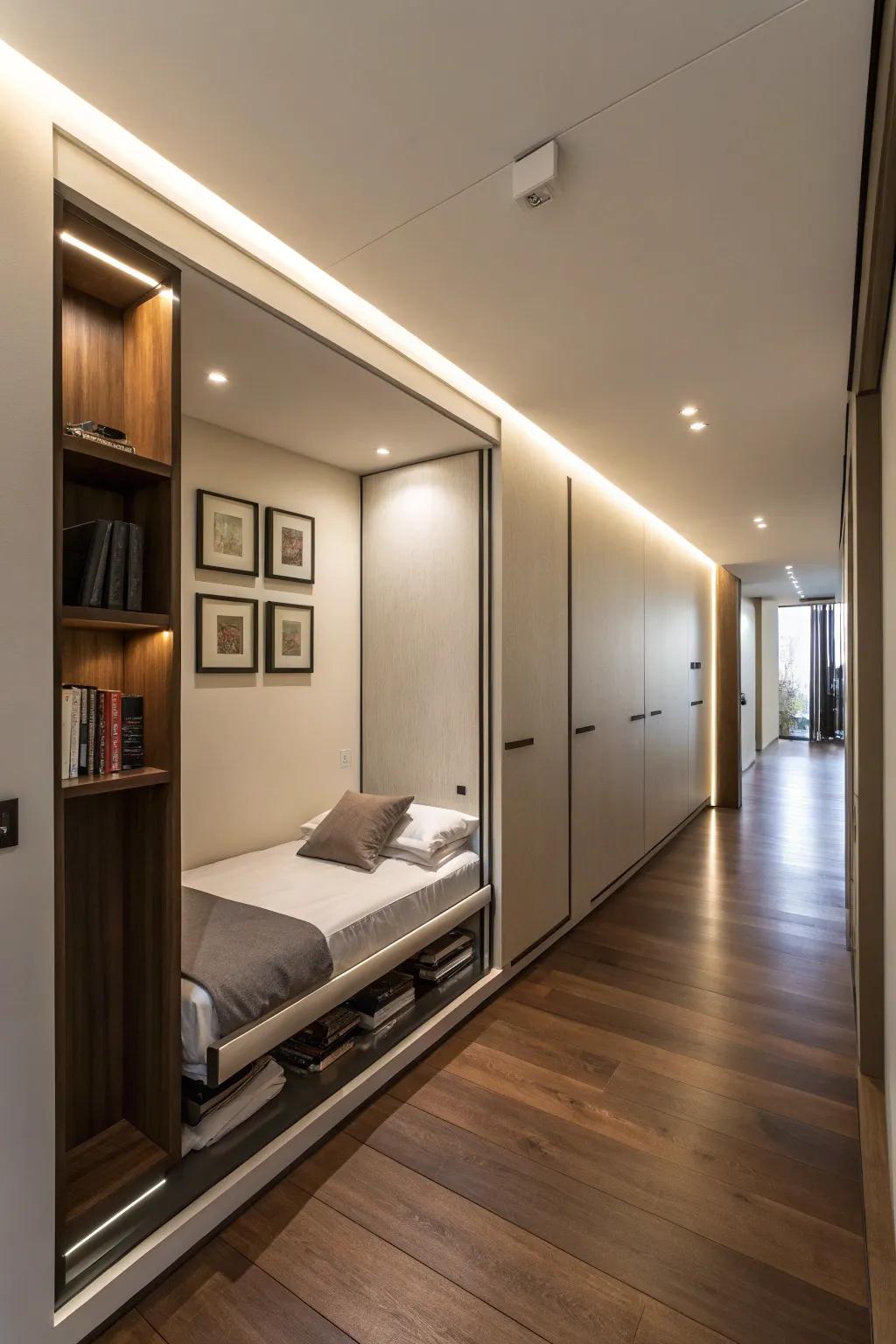 Pull-out bed in a wall niche for flexible living
