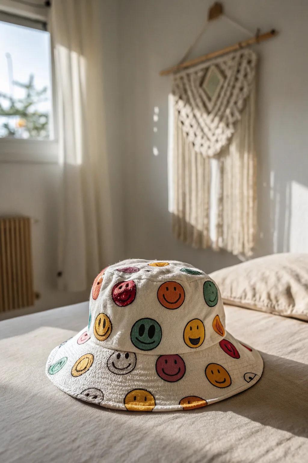 Embrace fun and creativity with this emoji-adorned hat - a whimsical touch for any gathering!