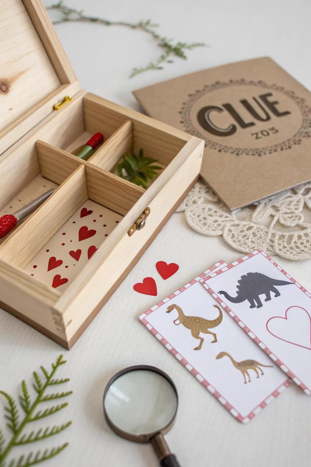 Uncover the magic of secret messages with this chic Dino Detective Valentine Box!