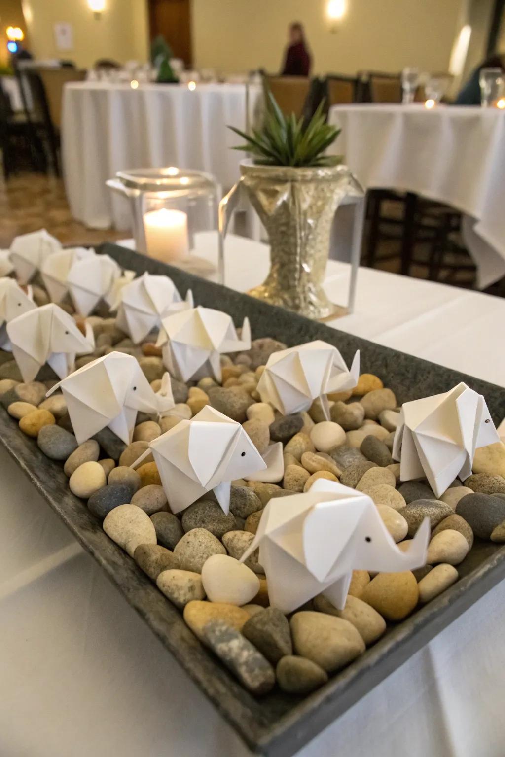 Creative origami elephant centerpiece.