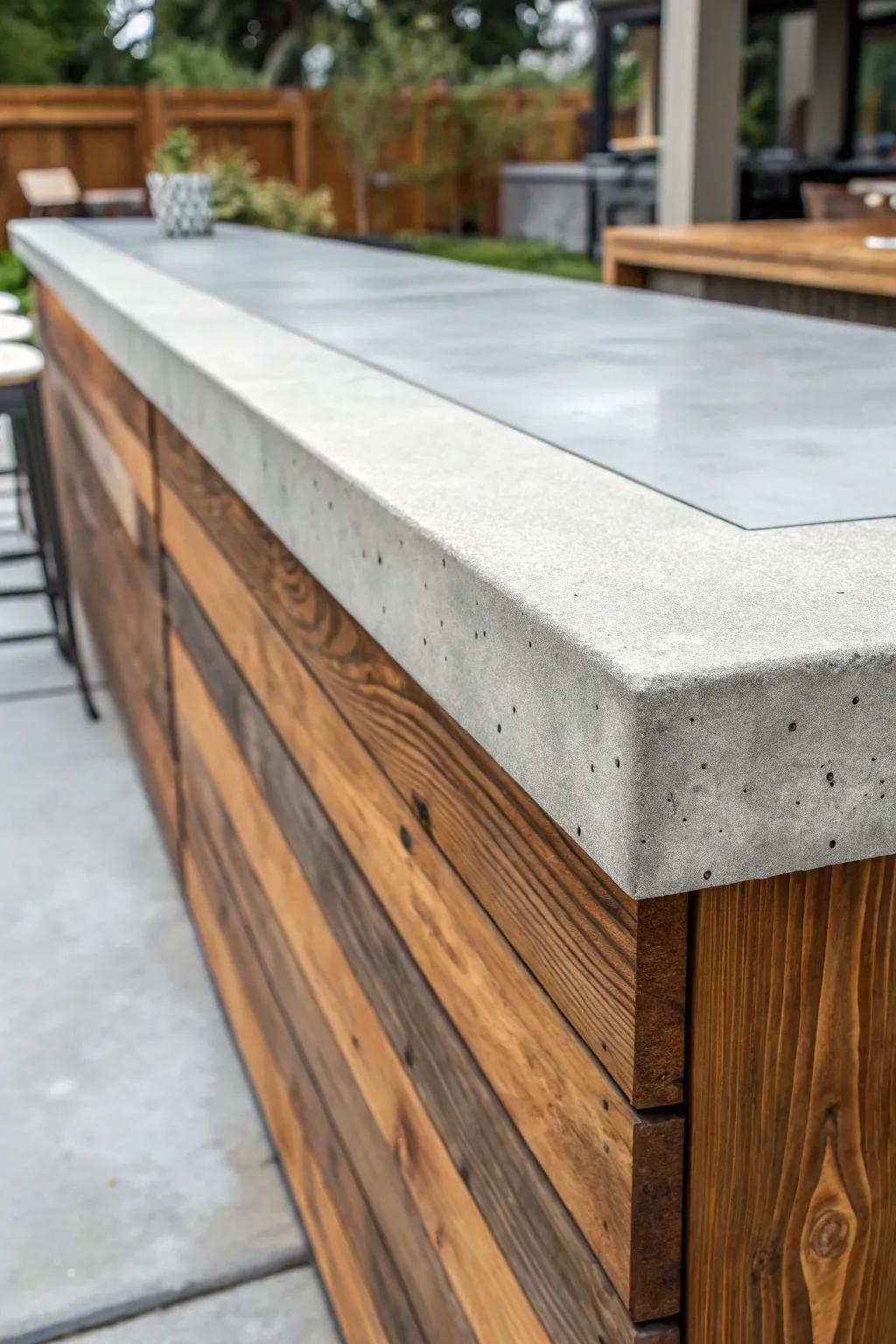 Elevate your outdoor space with the perfect blend of concrete and wood for a stylish, handcrafted bar top.